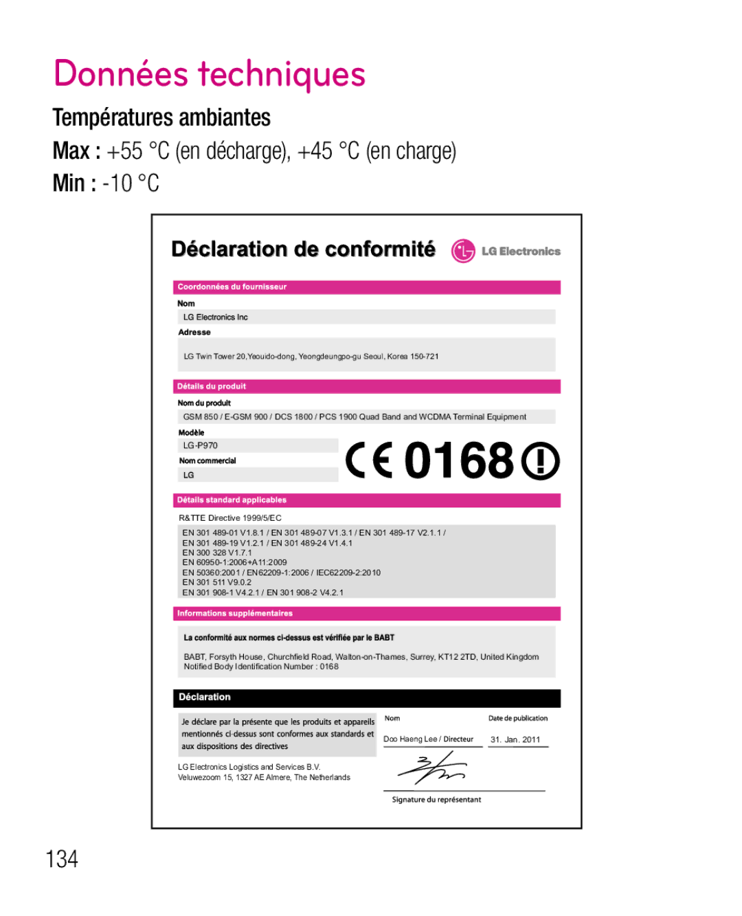 LG Electronics P970G manual Données techniques, Températures ambiantes, Min -10 C, 134 